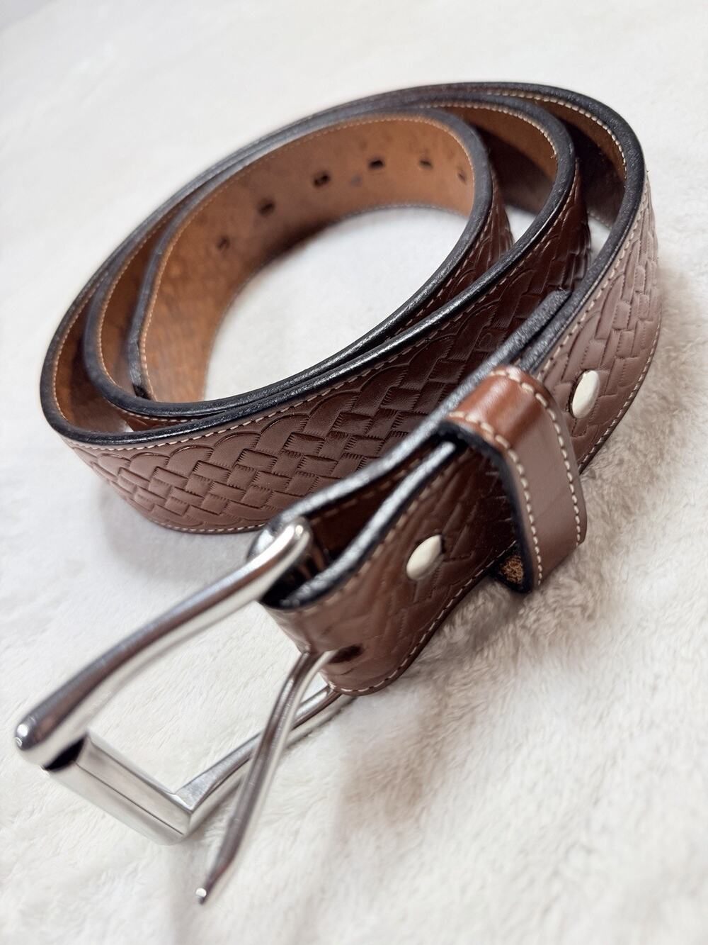 Hanks Belts Premier Basketwave Full Grain Leather Belt Size 50 USA Made Brown
